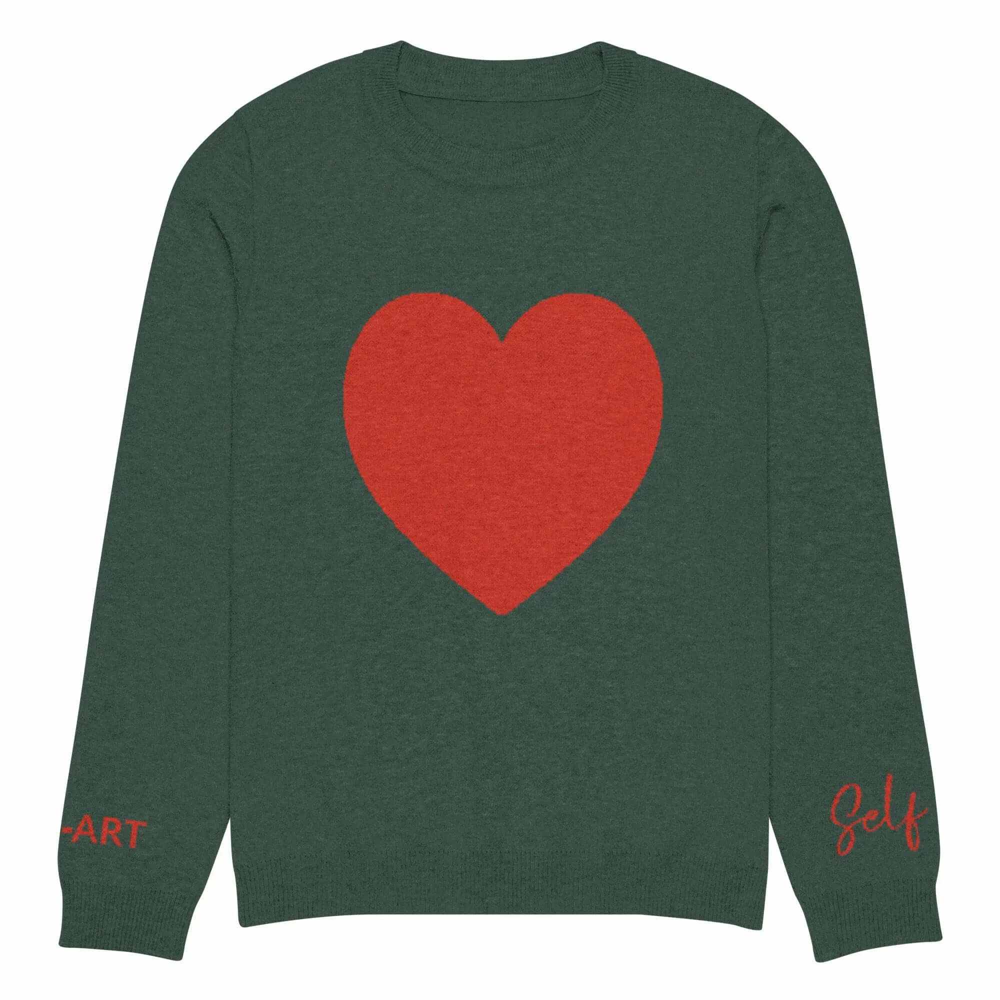 Pine green crew sweater with red heart pattern and Self-Art text on sleeves, perfect for casual and formal looks.