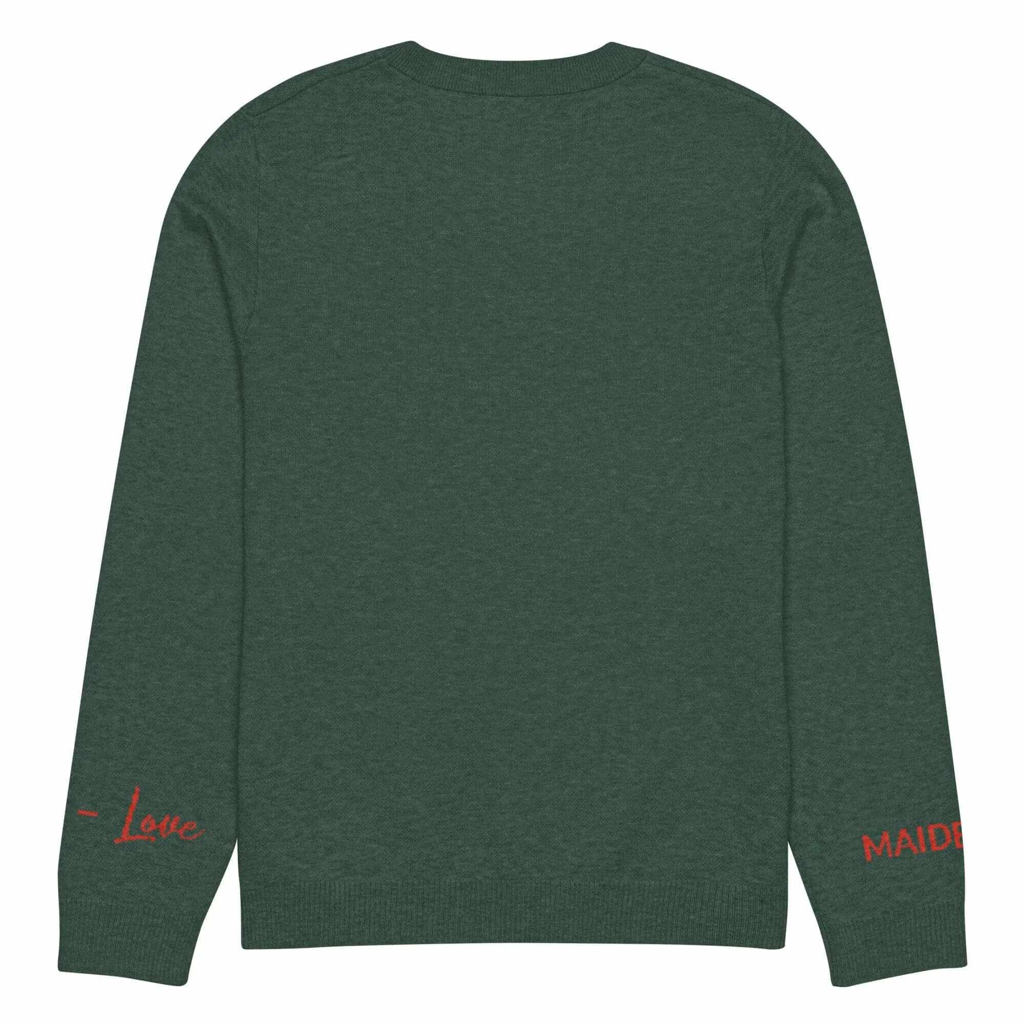 Back view of a pine green knit crew sweater featuring the words 'Love' and 'MAIDEN' in red.