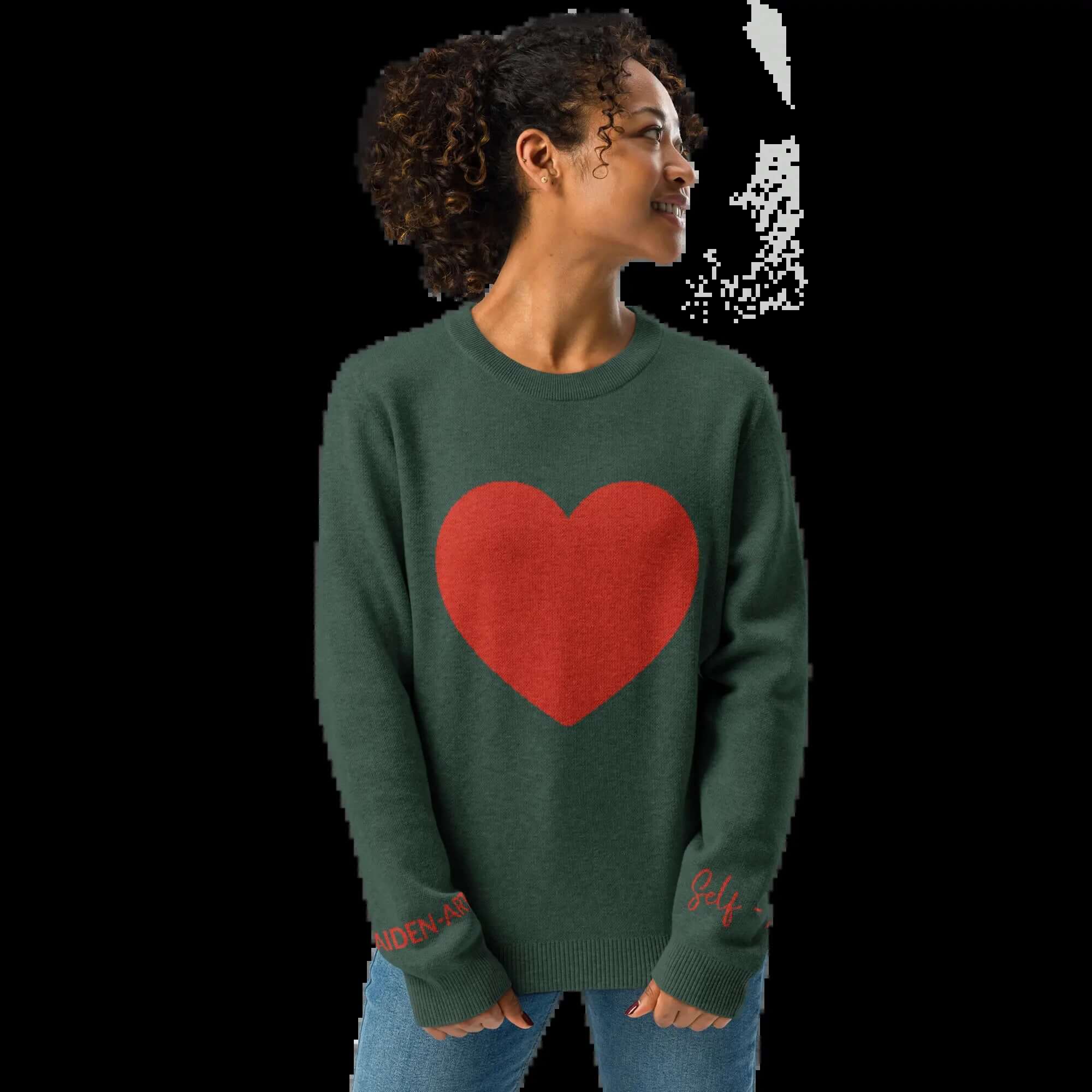 Heart Pattern Pine Green Crew Sweater featuring a large red heart design, perfect for casual and stylish outfits.