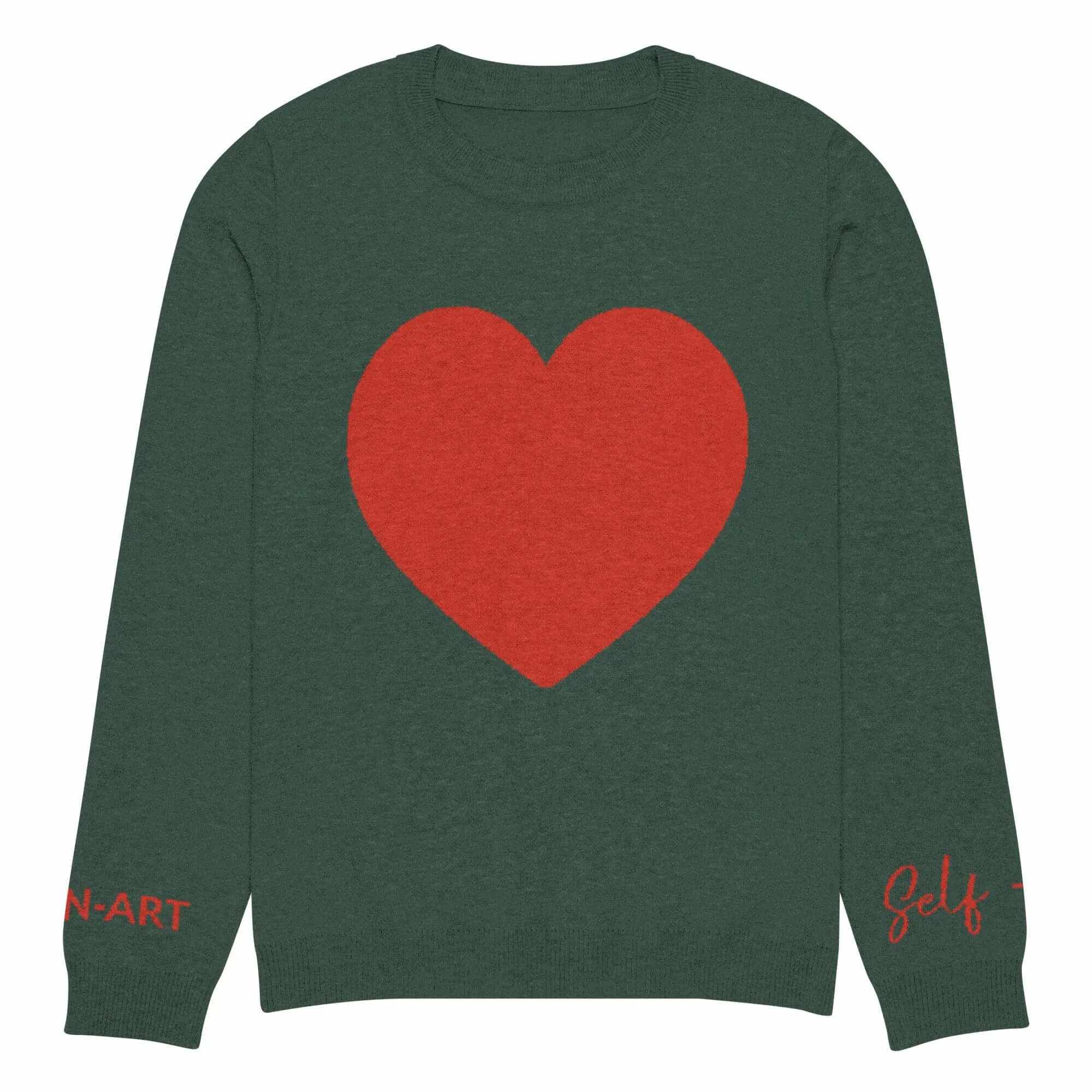 Pine green crew sweater with large red heart pattern and stylish text, perfect for casual or dressed-up occasions.