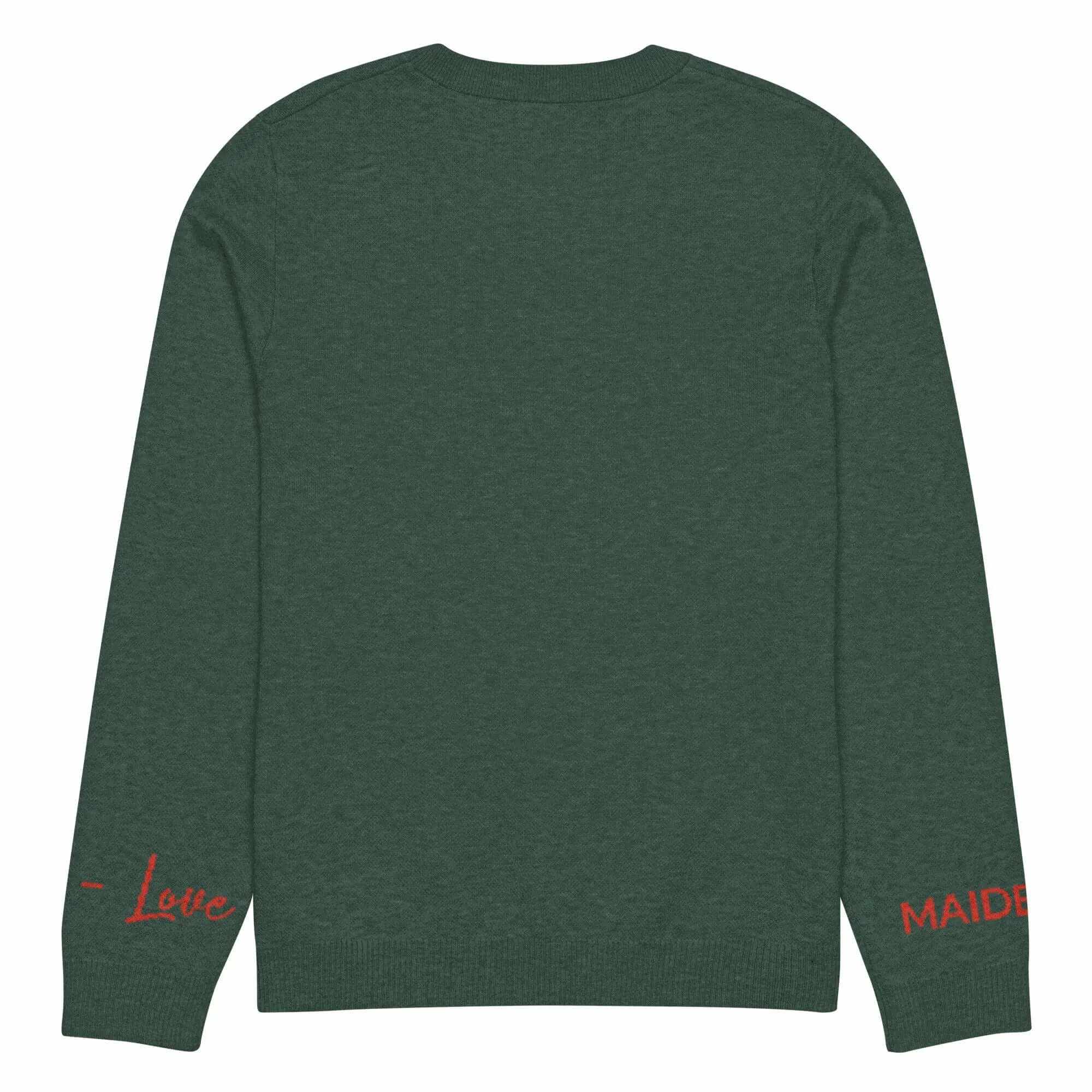 Back view of Heart Pattern Pine Green Knit Crew Sweater with red text detailing, stylish and comfortable unisex apparel.