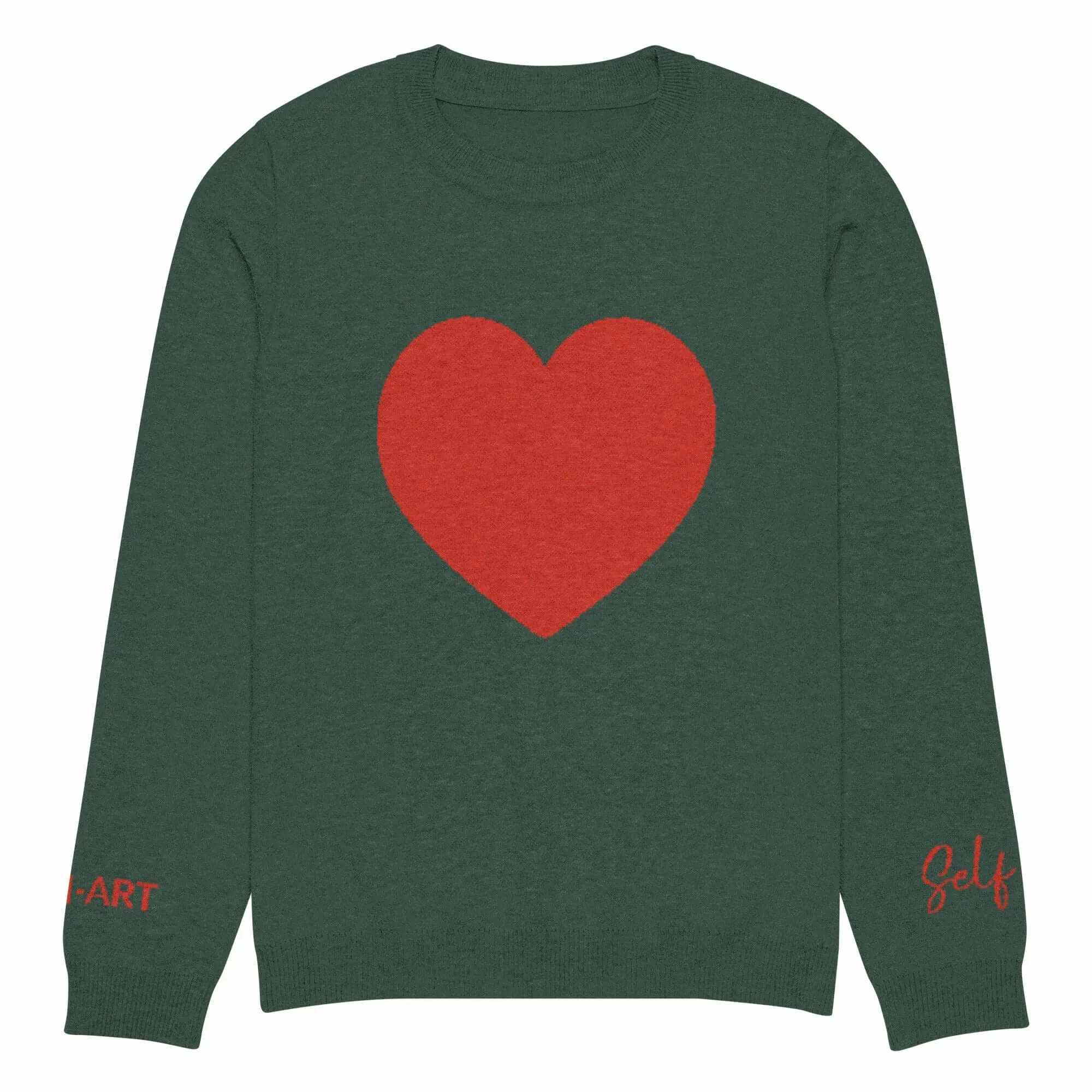 Heart Pattern Pine Green Knit Crew Sweater with large red heart design, perfect for casual or formal looks.