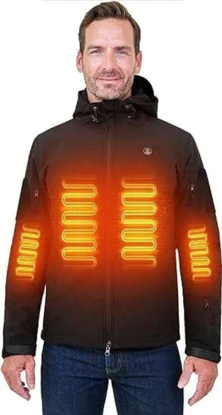 Heated jacket for men with water-resistant soft shell and carbon fiber heating elements shown on a man
