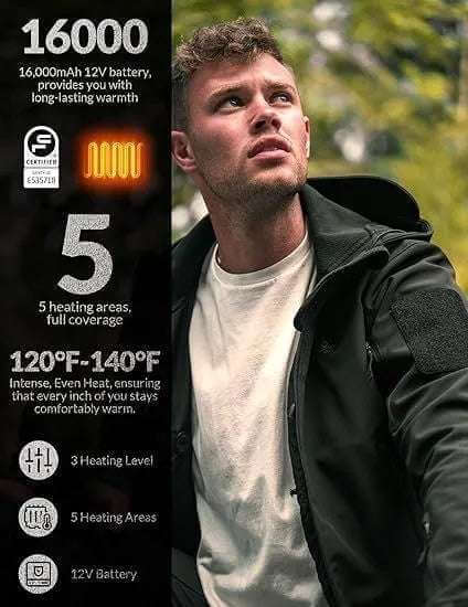 Heated jacket for men with 16000mAh battery, 5 heating areas, 3 heat levels, water-resistant soft shell, and carbon fiber heating for cold weather warmth