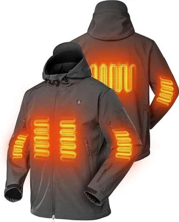 Heated jacket for men with water-resistant soft shell and carbon fiber heating elements for outdoor winter warmth
