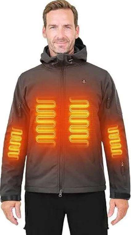 Heated jacket for men with carbon fiber heating elements on chest and arms, water-resistant soft shell material, and hood.