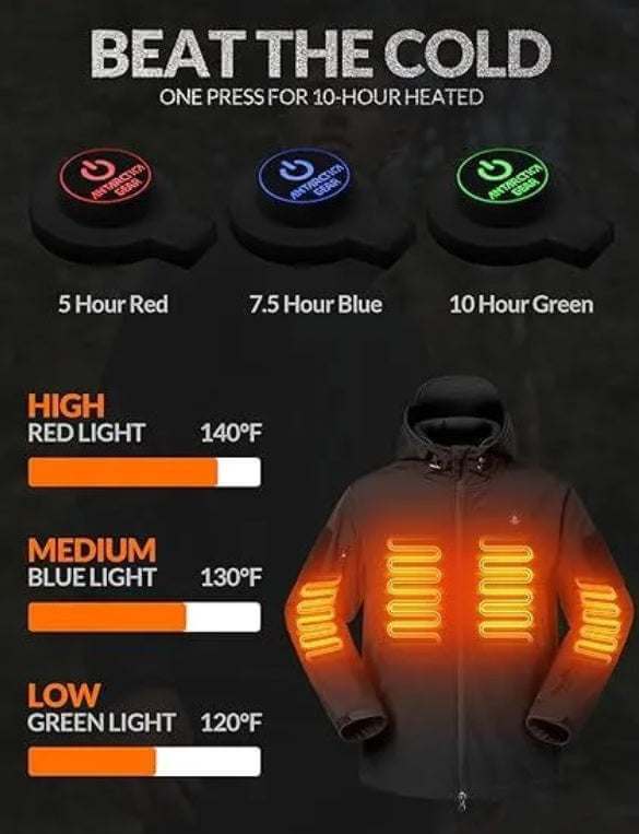 Heated jacket for men with carbon fiber heating, three heat levels, and 10-hour battery life.