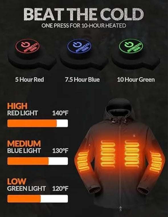 Heated jacket for men with carbon fiber heating, three temperature levels, and up to 10-hour battery life.