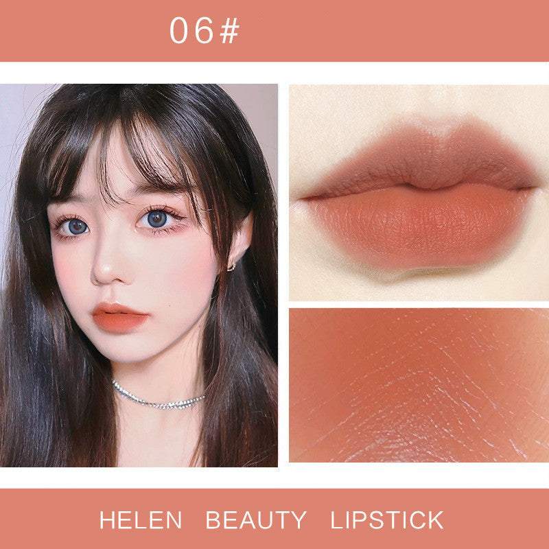 Moisturizing Cosmetics small tube lipstick in shade 06, worn on lips and model, showing smooth hydrated finish