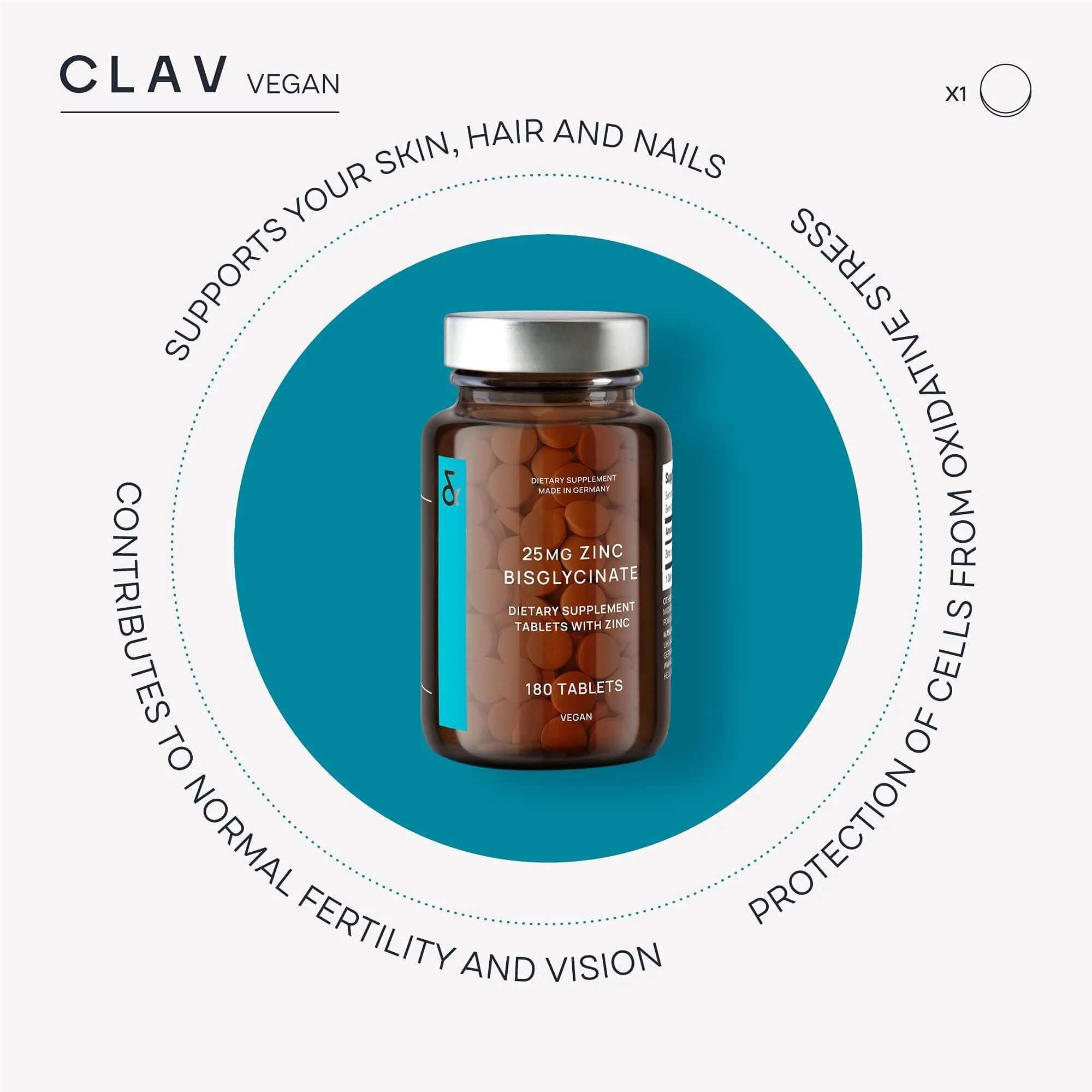 High bioavailability zinc bisglycinate supplement in a bottle, supports skin, hair, nails, and immune health.