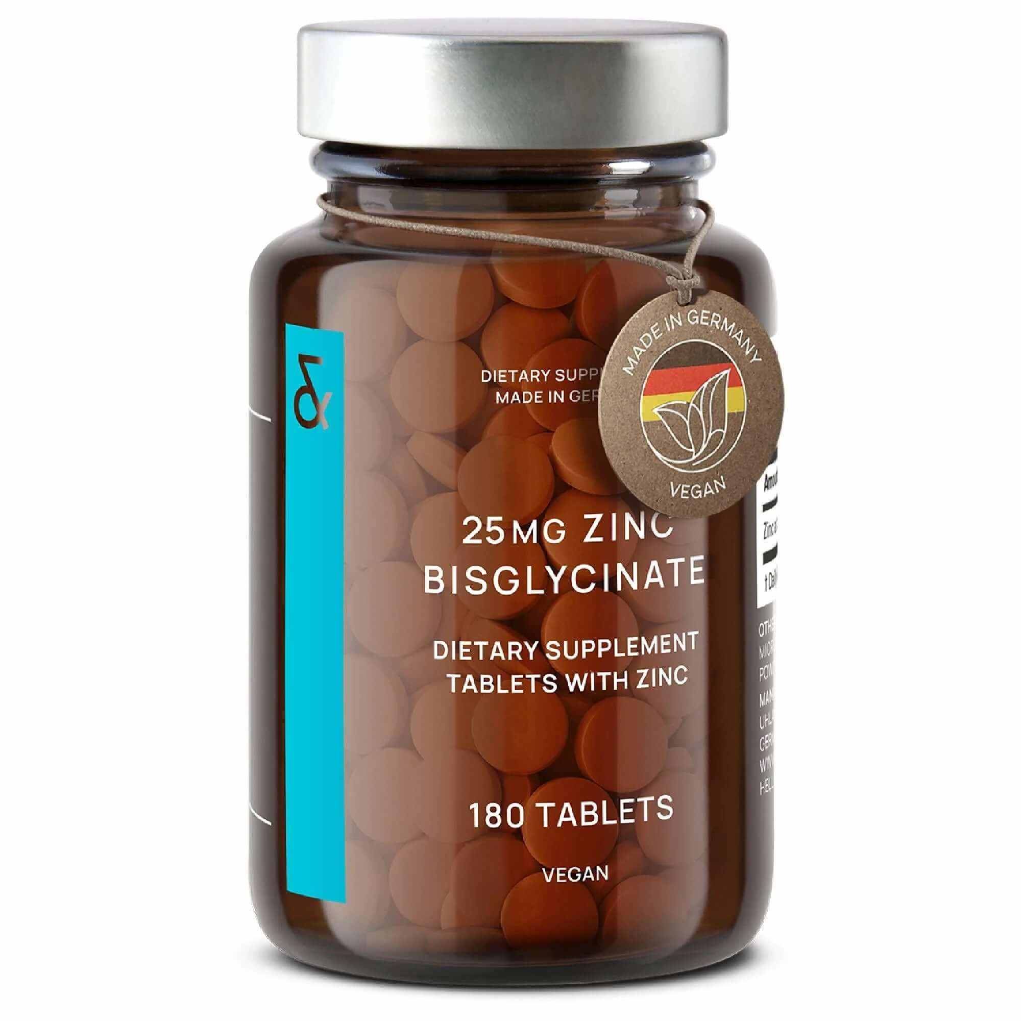 High absorption vegan zinc bisglycinate supplement, 25mg, 180 tablets in a brown glass bottle.