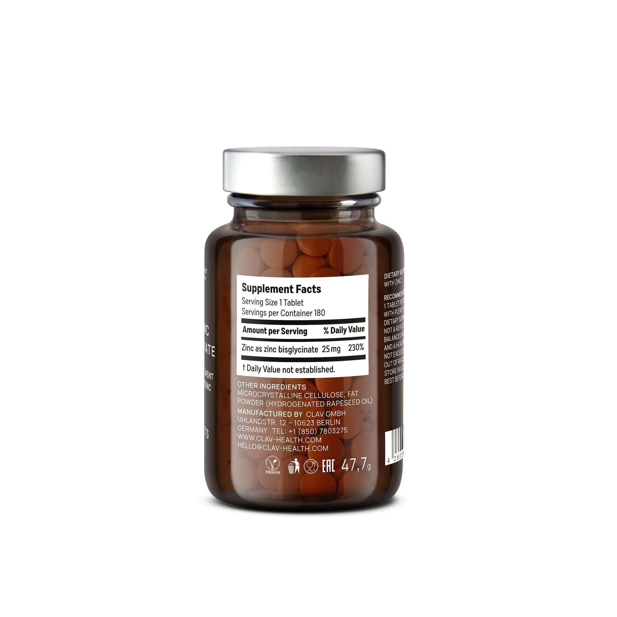 High absorption vegan zinc supplement bottle with 180 tablets and supplement facts showing 25mg zinc per tablet.