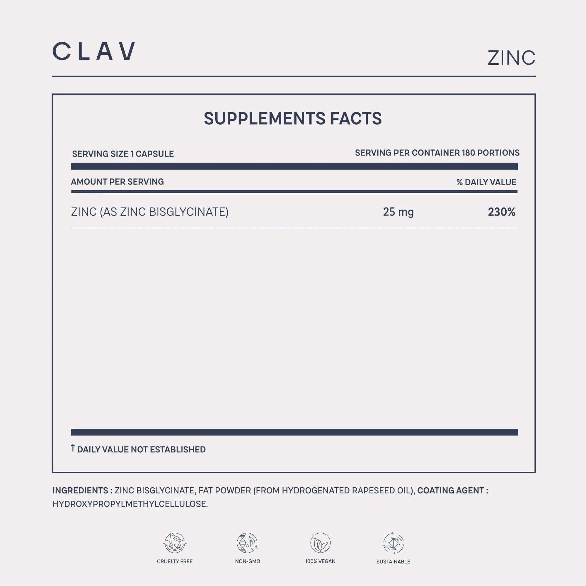 Supplement facts for Clav Zinc Bisglycinate 25mg, 180 tablets, highlighting vegan and natural ingredients.