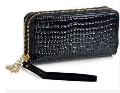 High quality black women’s leather wallet with crocodile texture and gold zipper detailing