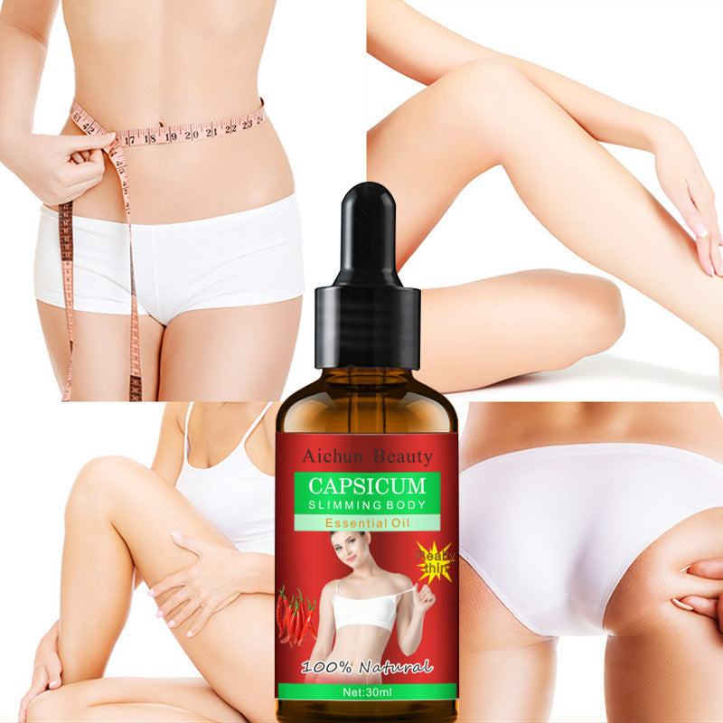 Bottle of Capsicum slimming body essential oil for hip shaping waist and leg body cosmetics with images of a slim woman measuring waist and showing legs