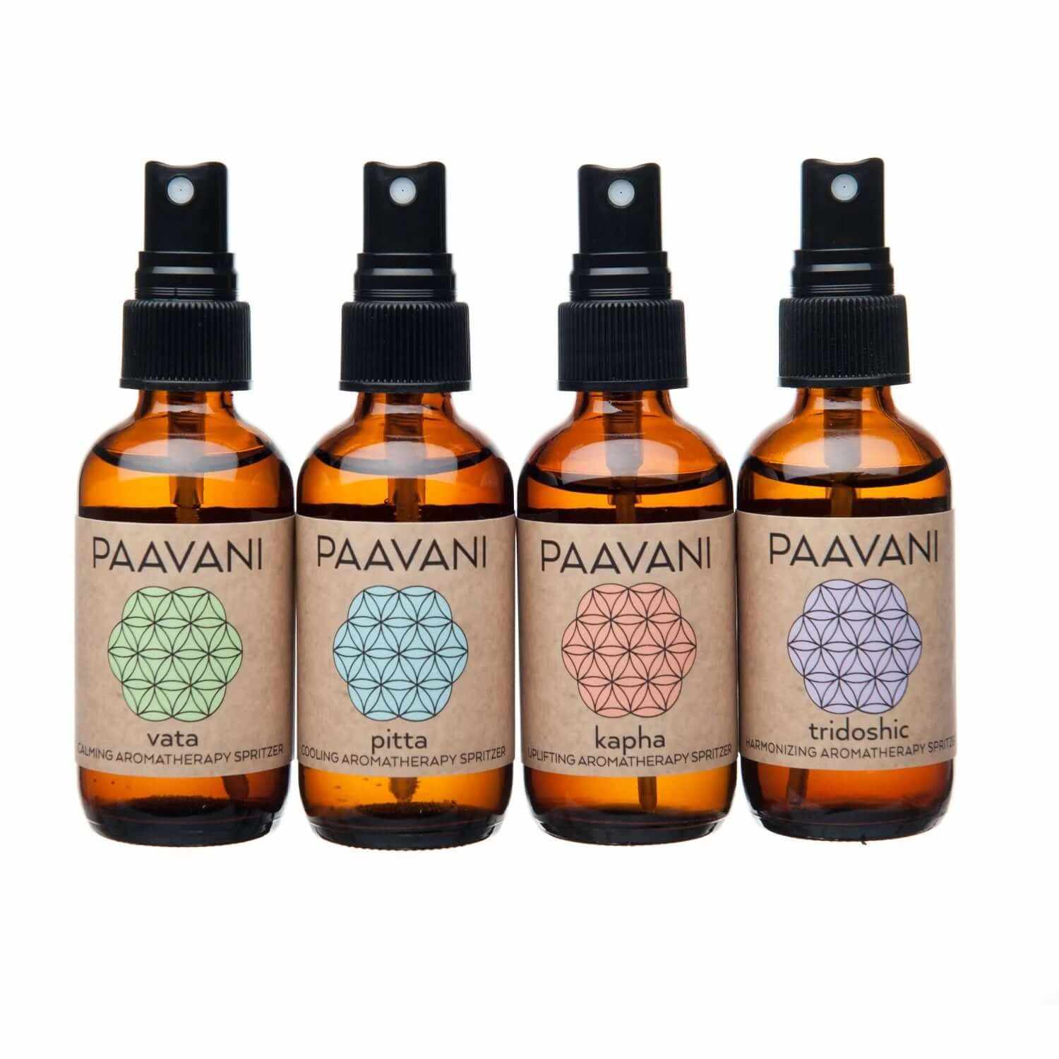 Holistic Aromatherapy Ayurvedic Mood Spritzer Kit featuring four handcrafted spritzers: vata, pitta, kapha, tridoshic.