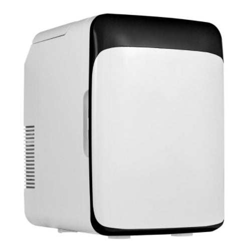 Compact white household refrigerating box with black top for cosmetics and beverages
