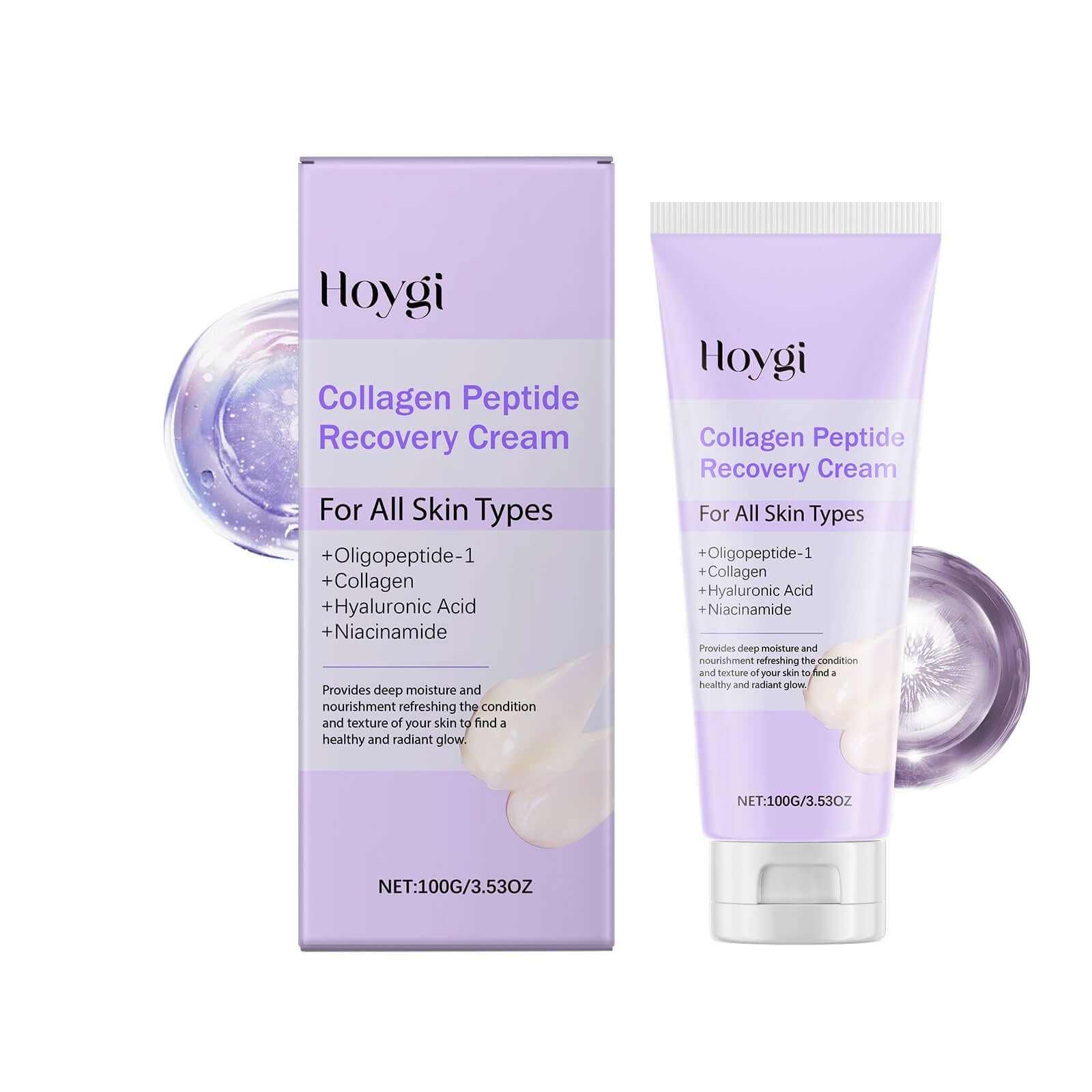 Hoygi Collagen Peptide Recovery Cream for all skin types, enriched with oligopeptide-1, collagen, hyaluronic acid, and niacinamide.