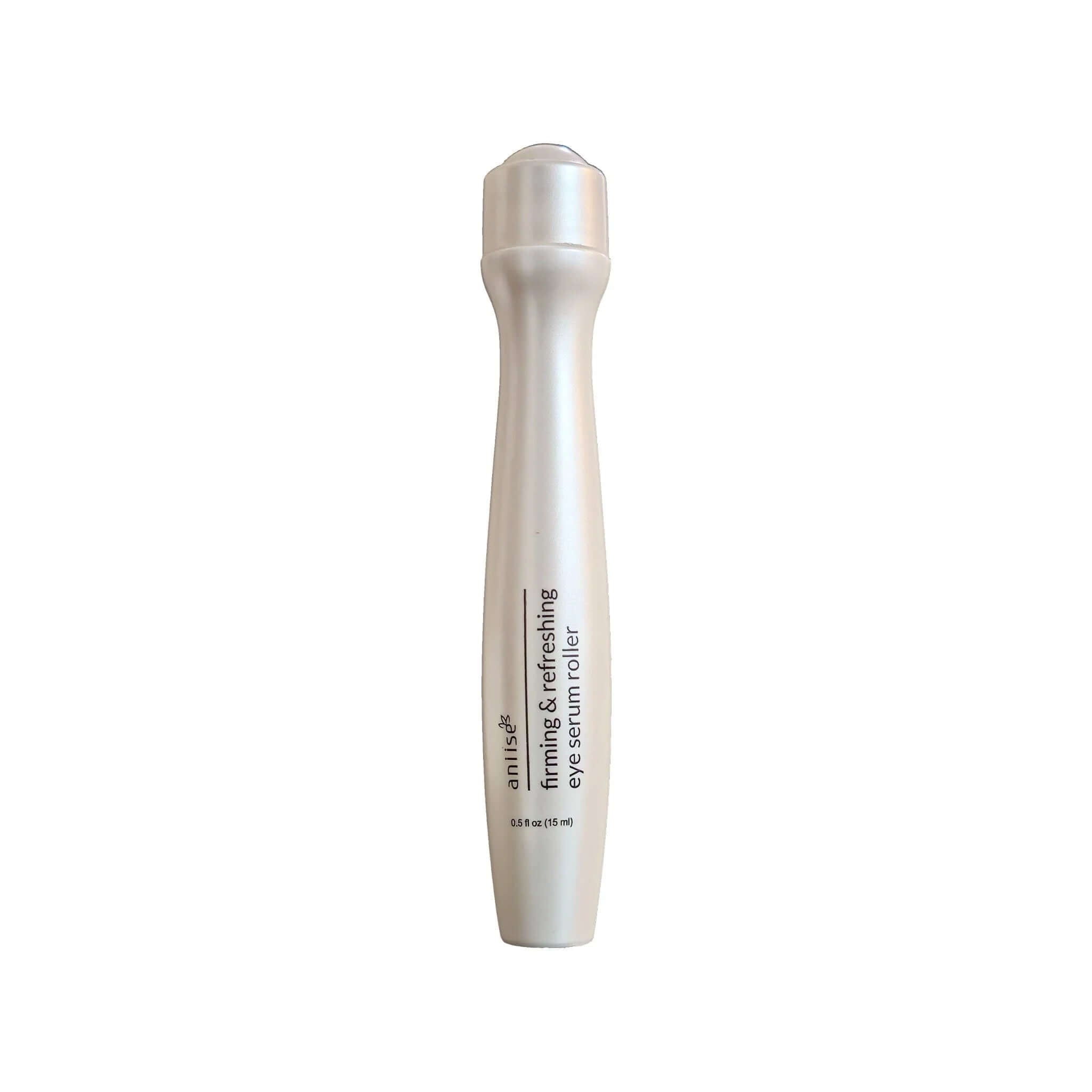 Hydrating Firming Eye Serum Roller for puffiness with metal applicator for soothing under-eye rejuvenation.