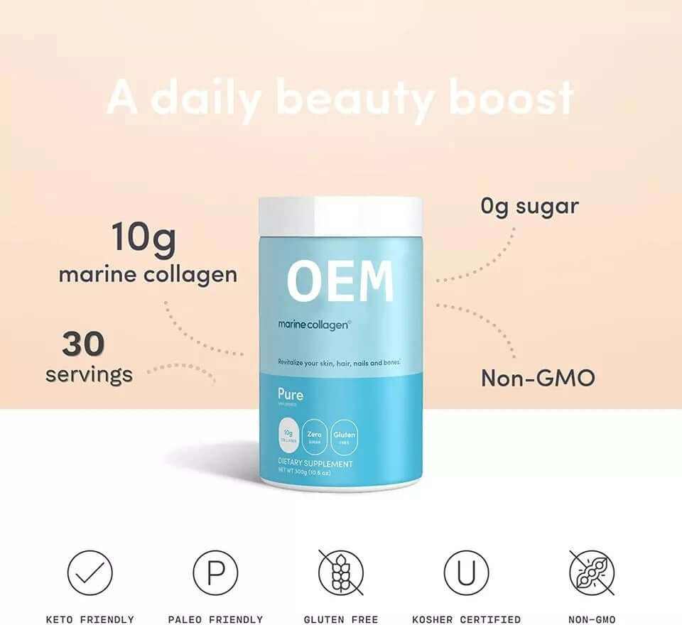 Hydrolyzed Pure Ocean Marine Collagen Protein Powder container with health benefits and key features displayed.