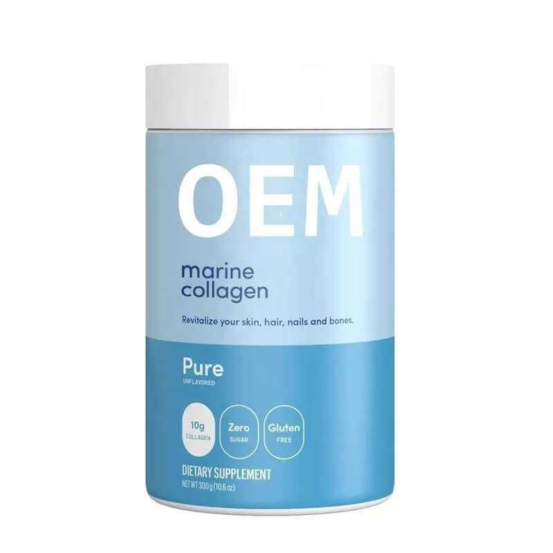 OEM Marine Collagen Powder for skin, hair, nails support, gluten-free, 10g collagen per serving.