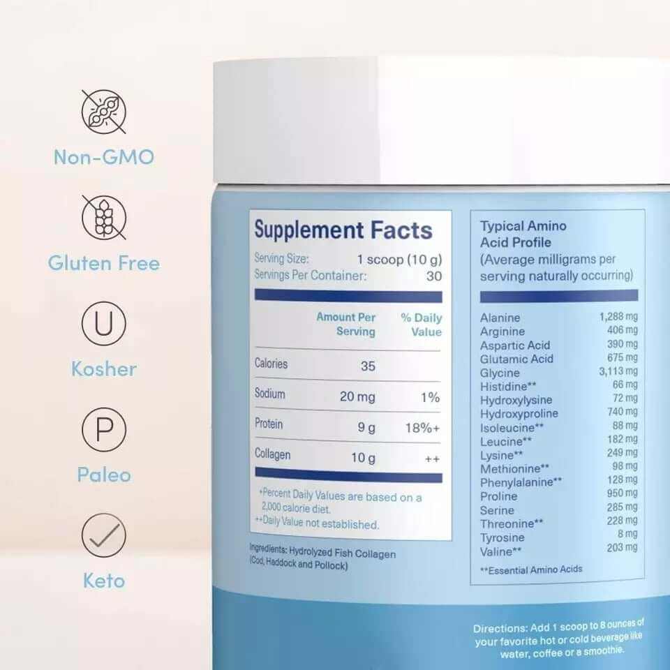 Supplement facts of Hydrolyzed Pure Ocean Marine Collagen Protein Powder showing nutrition information and certifications.