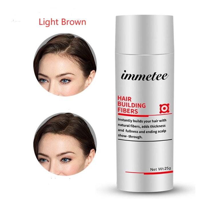 Immetee plant hair additive fiber powder for thinning hair light brown, 25g container with natural ingredients to thicken and reinforce hair.