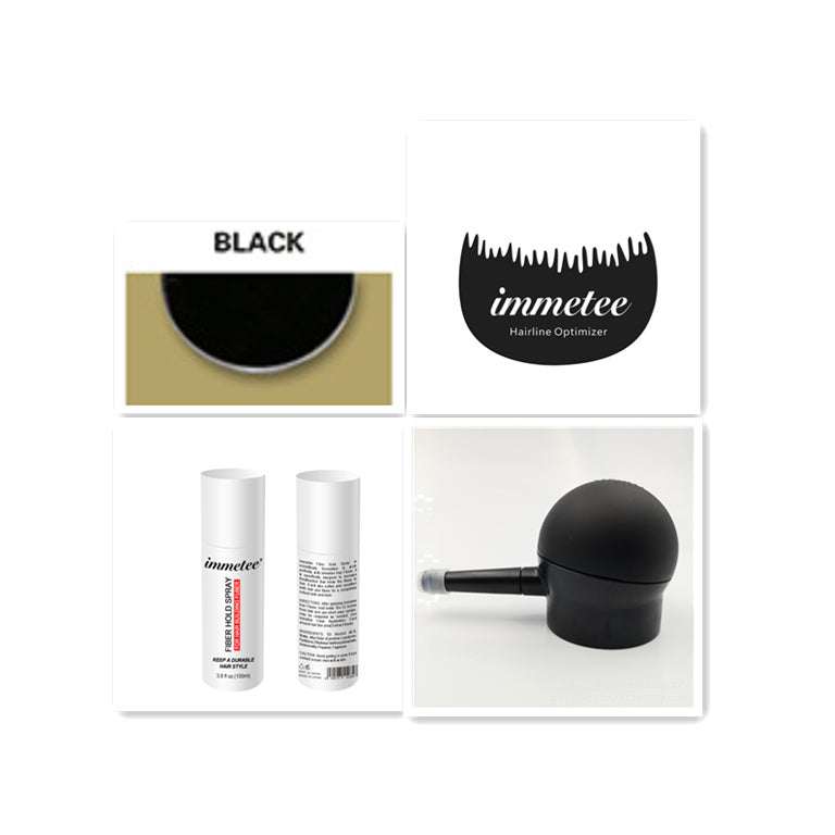 Plant hair additive fiber powder by immetee for thinning hair coverage in black color with applicator tool.