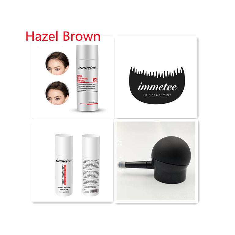 Plant hair additive fiber powder by immetee for hair thickening and coverage in hazel brown color with applicator tool.