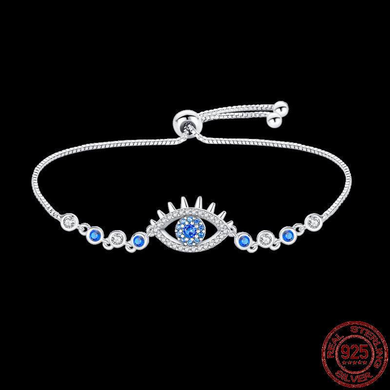 Infinity Hamsa sterling silver bracelet with blue and white stones on adjustable chain