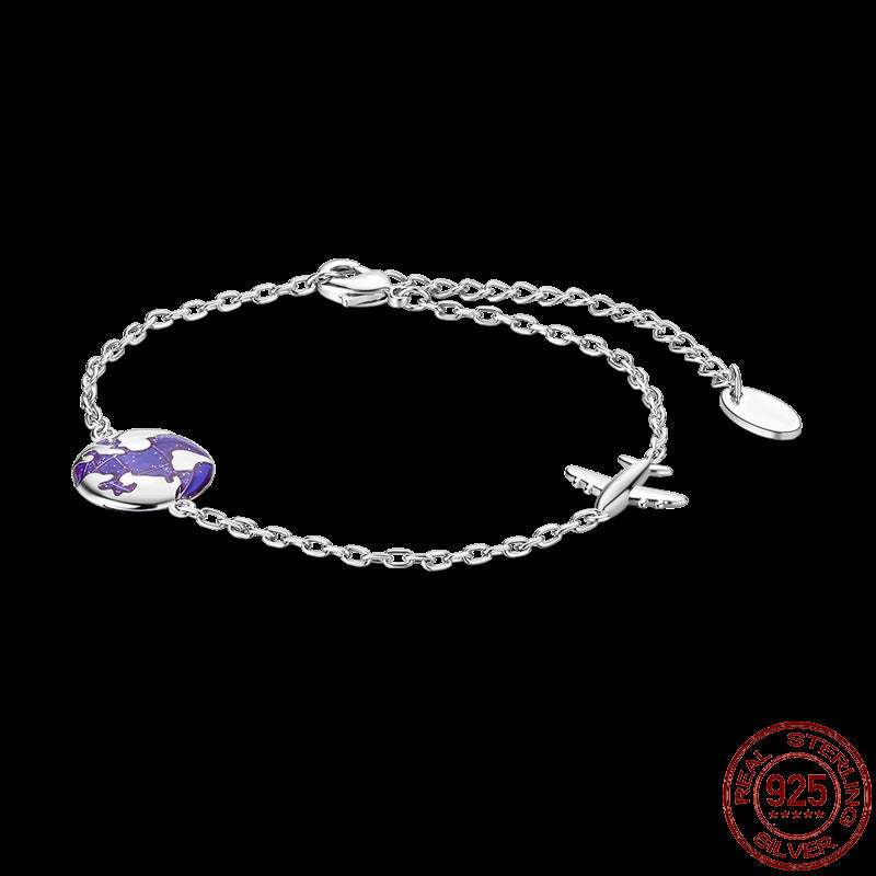 Infinity Hamsa sterling silver bracelet with purple enamel and airplane charm