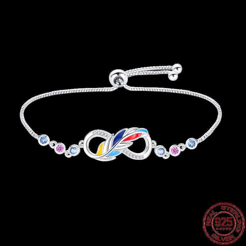 Infinity Hamsa sterling silver bracelet with colorful feather and gemstone accents on adjustable chain