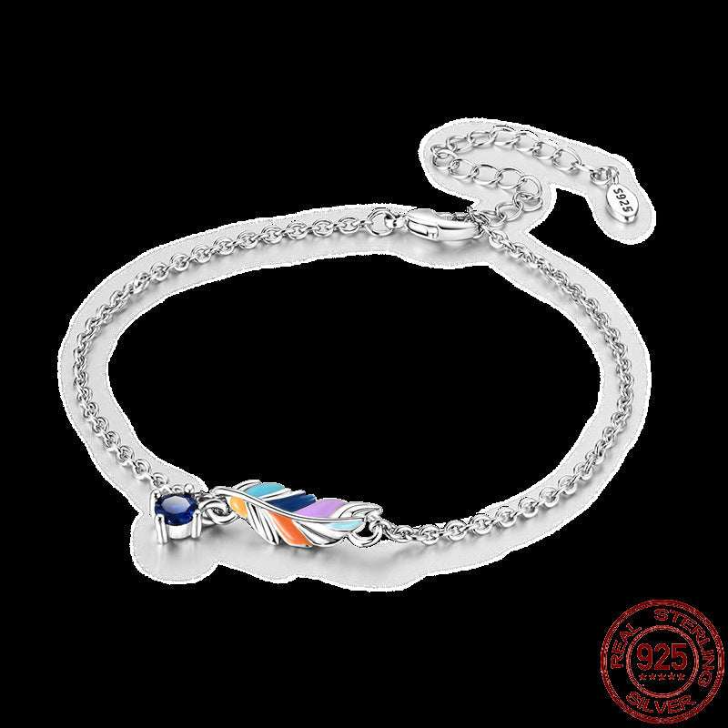 Infinity Hamsa sterling silver bracelet with colorful feather charm and 925 stamp