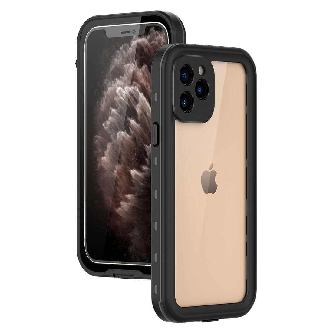 IP68 waterproof case for iPhone 11, 12 Pro Max; shockproof, dirtproof, snowproof design in black.