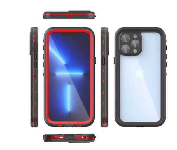 IP68 waterproof case for iPhone 11, 12 Pro Max with shockproof design, showcasing multiple angles and colors.