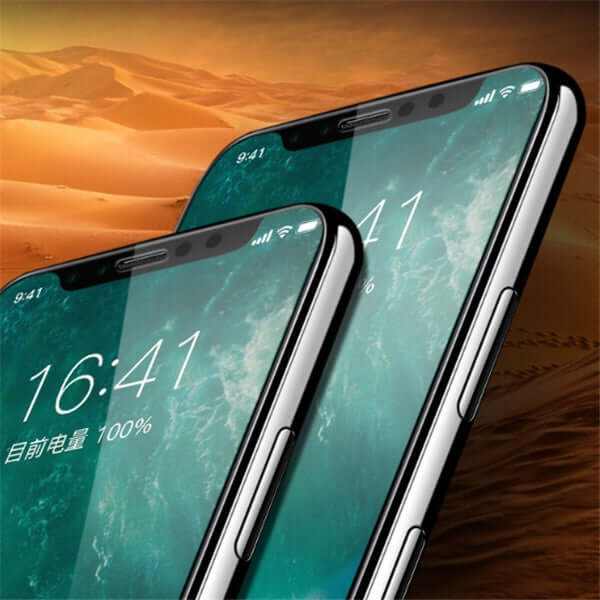 Two iPhone models with screen protector against a desert background, showcasing clarity and design.