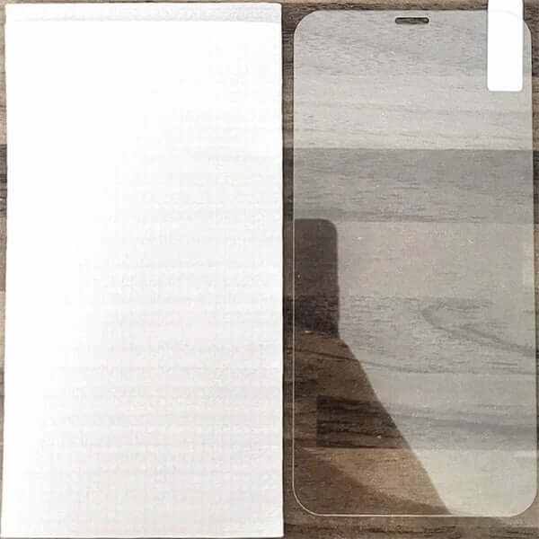 Tempered glass screen protector for iPhone models, displayed with protective film on a wooden surface.
