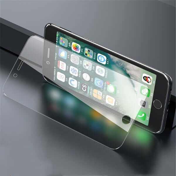 Tempered glass screen protector displayed on smartphone, showcasing clarity and compatibility with iPhone models.
