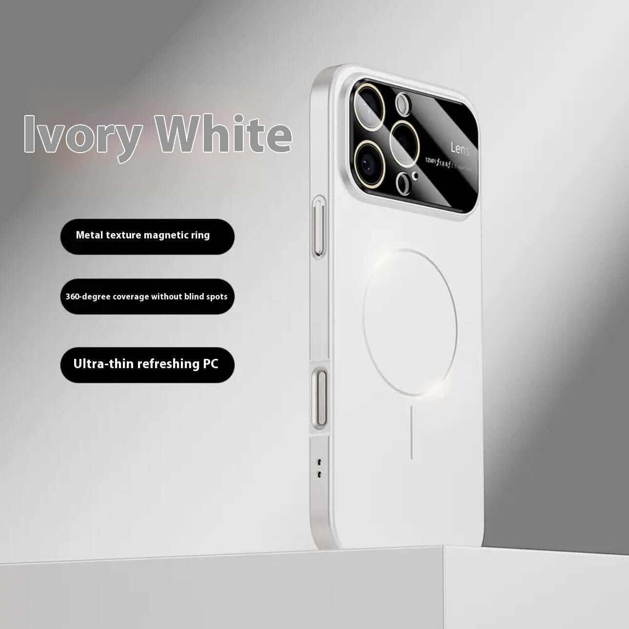 Ivory white magnetic drop-resistant phone case with metal texture, 360-degree coverage, and ultra-thin design.