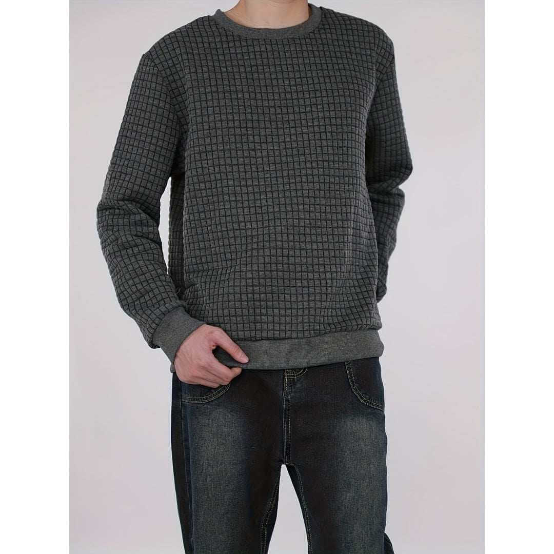 men's jacquard round neck hoodie in dark gray with textured pattern and ribbed cuffs