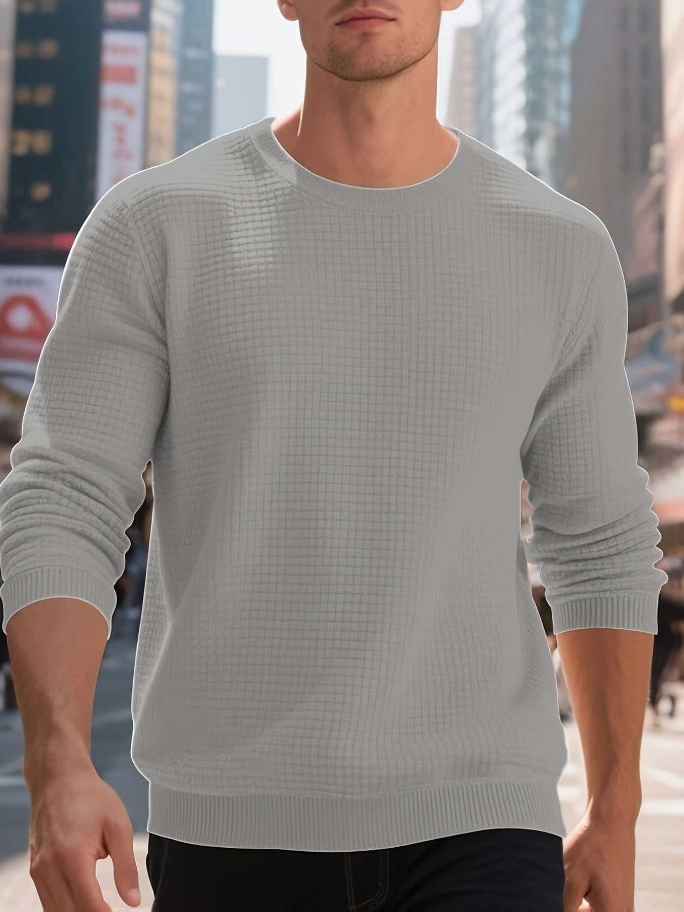 men's grey jacquard round neck hoodie in urban setting