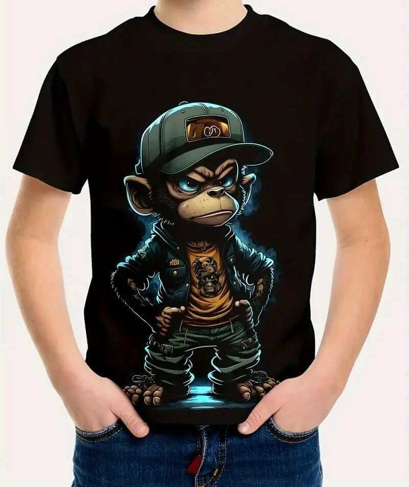 Men's printed short-sleeved T-shirt with cartoon monkey graphic on black fabric