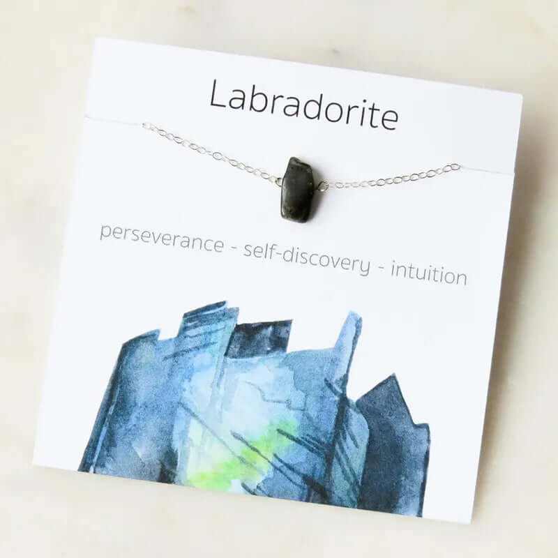 Labradorite gemstone necklace featuring perseverance, self-discovery, and intuition on a delicate chain.