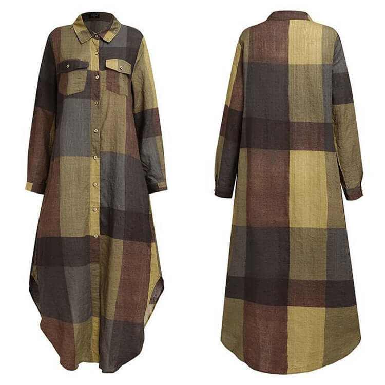 Ladies long plaid shirt dress with pockets, featuring a button-up front and a loose fit.