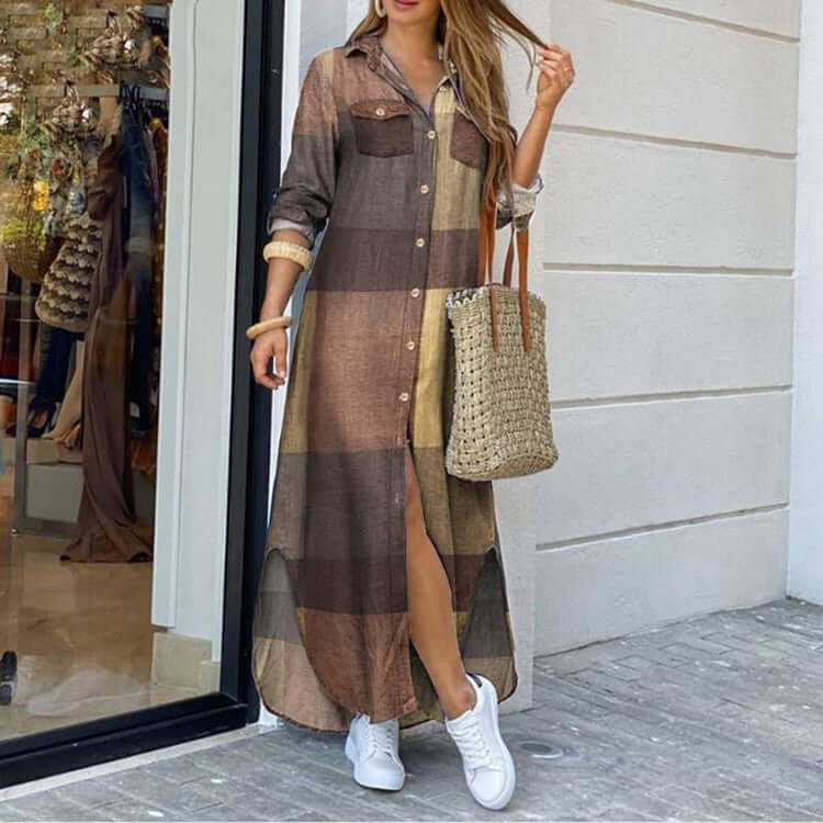 Ladies long plaid shirt dress with loose waist and sneakers for a casual fashion look.