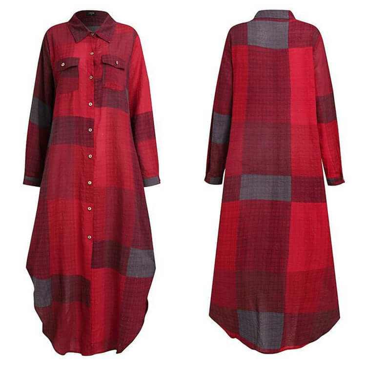 Ladies long sleeve red plaid shirt dress with button placket and loose fit for casual fashion.