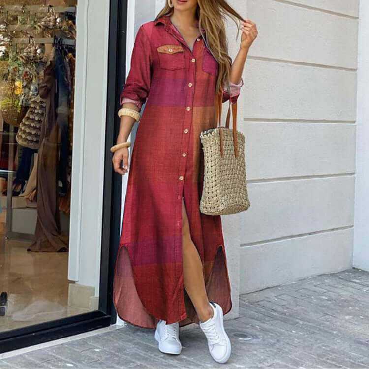 Ladies long shirt dress with a loose fit, featuring a vibrant red and pink plaid pattern, perfect for casual outings.