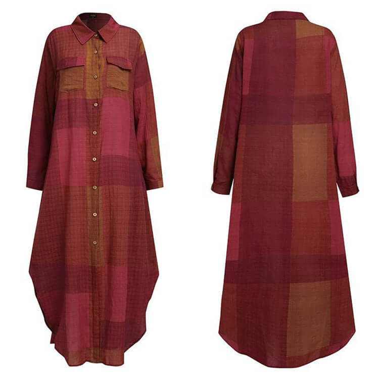 Ladies fashion long skirt loose dress with shirt sleeves in red and brown plaid pattern.