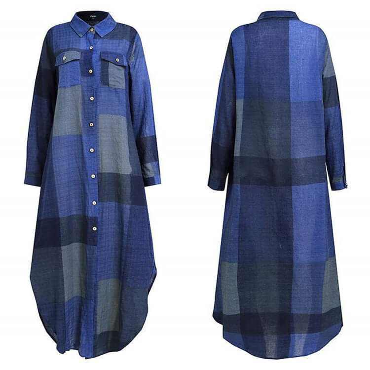 Ladies long sleeve plaid shirt dress in blue with buttons and pockets, perfect for casual or stylish wear.