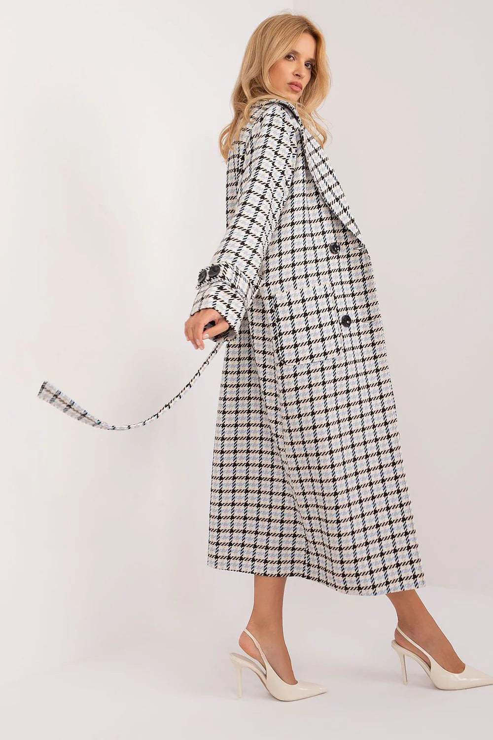 Model wearing a Lakerta Classic Double Breasted Coat with check pattern, perfect for casual style and cold weather protection.